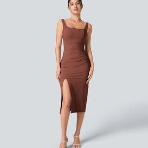 NWT Halara Airy Square Neck Backless Corset Ruched Split Bodycon Midi Dress (M)